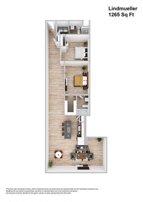Floor plan for 2 beds, 2 baths, 1265 sqft